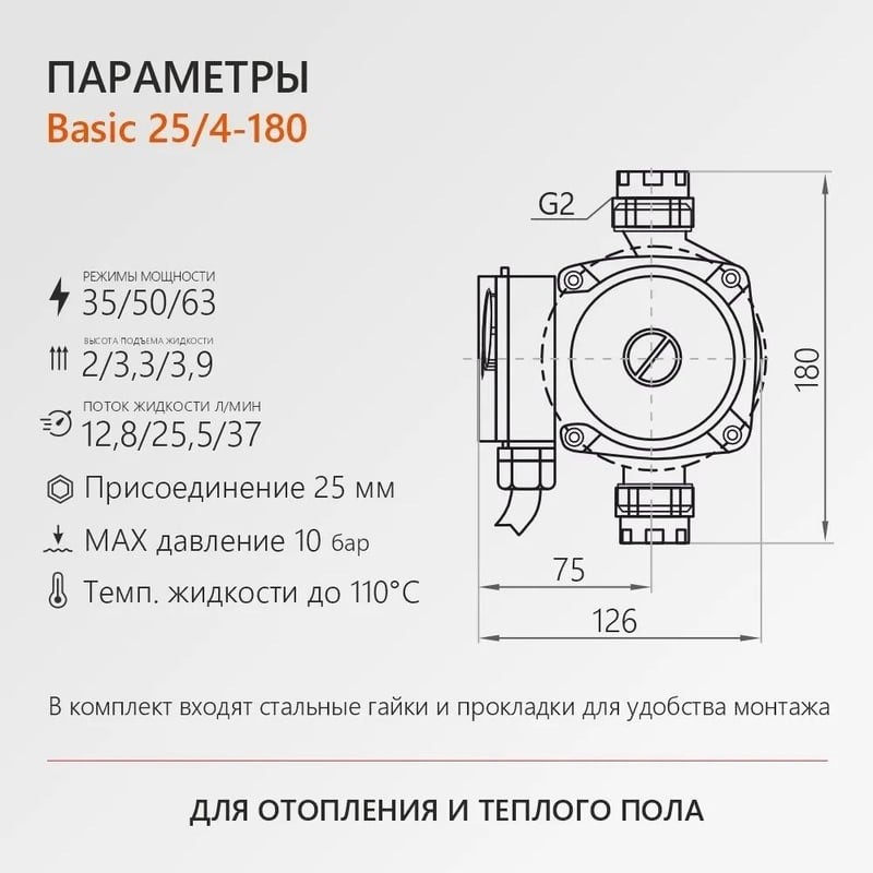 Насос циркул. 25-40 Basic 25/4-180 (гайки, кабель)